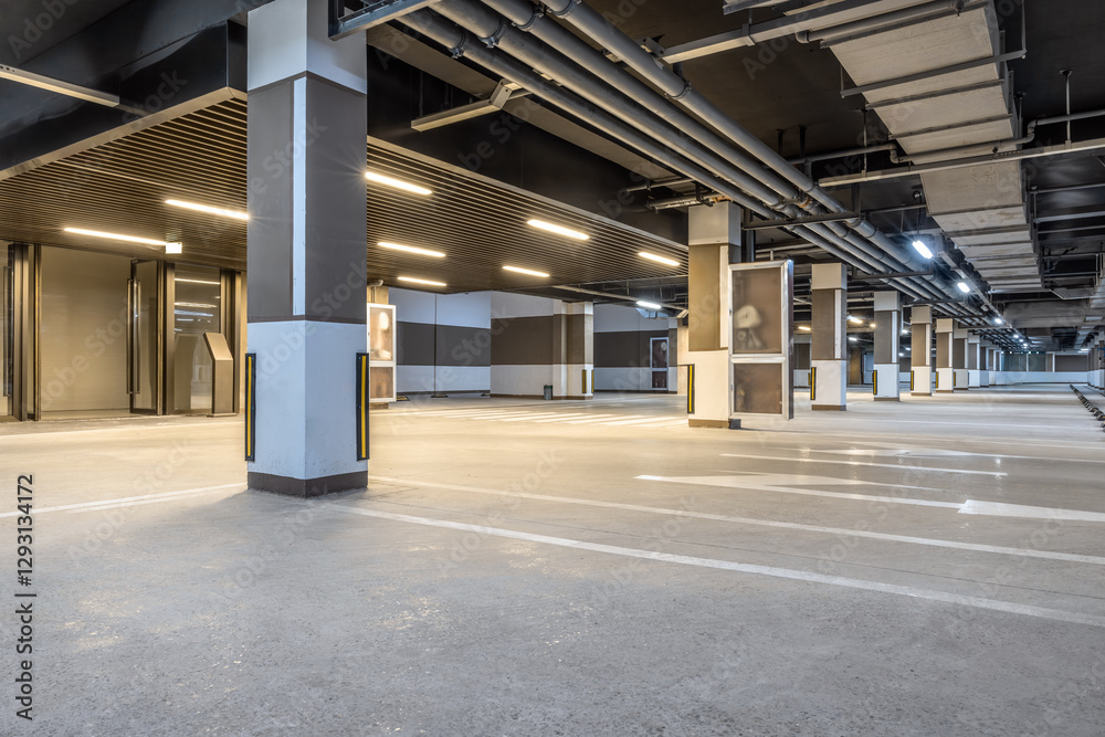 Empty modern underground parking lot interior Empty modern underground parking lot interior