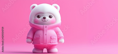 Cute pink bear character in winter hoodie against vibrant pink background, copy space for text