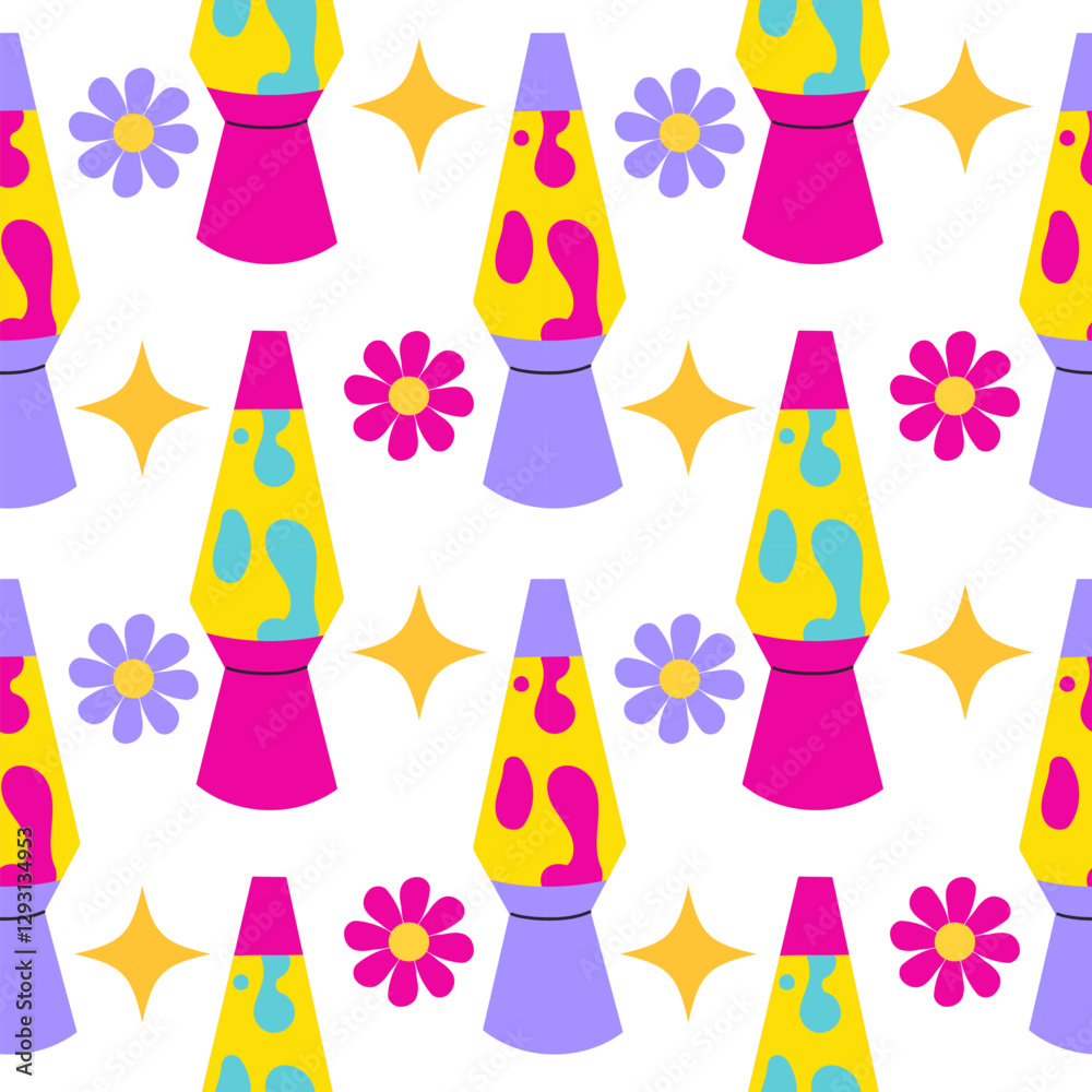 90s seamless pattern with lava lamp. Vector background in cartoon 80s 90s pop art comic style. 90s seamless pattern with lava lamp. Vector background in cartoon 80s 90s pop art comic style.