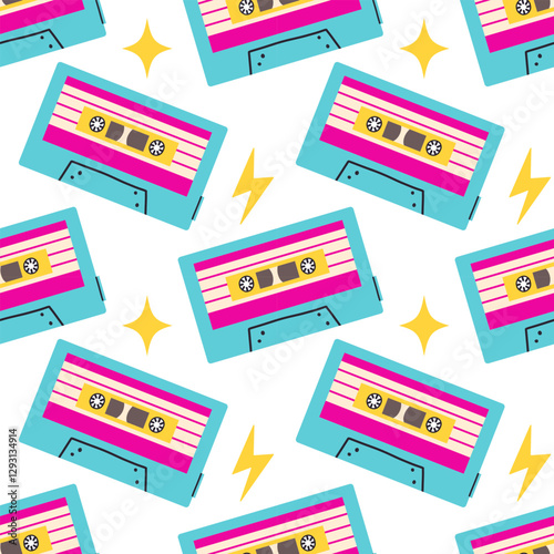 Seamless Pattern Of Retro Audio Cassettes, A Nostalgic Design For Vintage Music Lovers. Perfect For Backgrounds, Textile