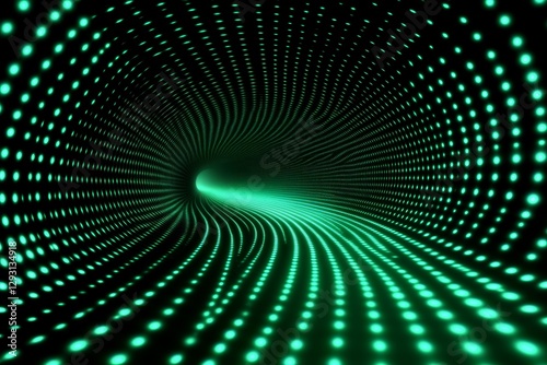 Colorful light tunnel with glowing green dots swirling through a dark space at high speed