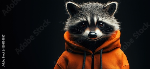 Raccoon wearing orange hoodie with expressive eyes against dark background, copy space for text photo