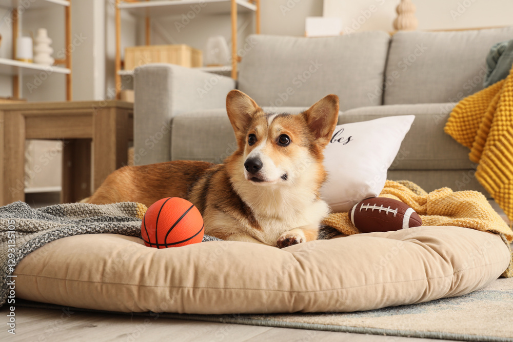 Cute Corgi dog with balls lying on pet bed at home Cute Corgi dog with balls lying on pet bed at home