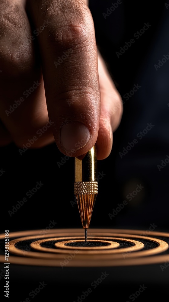 Obraz premium A hand precisely placing a pen on a concentric circle pattern.