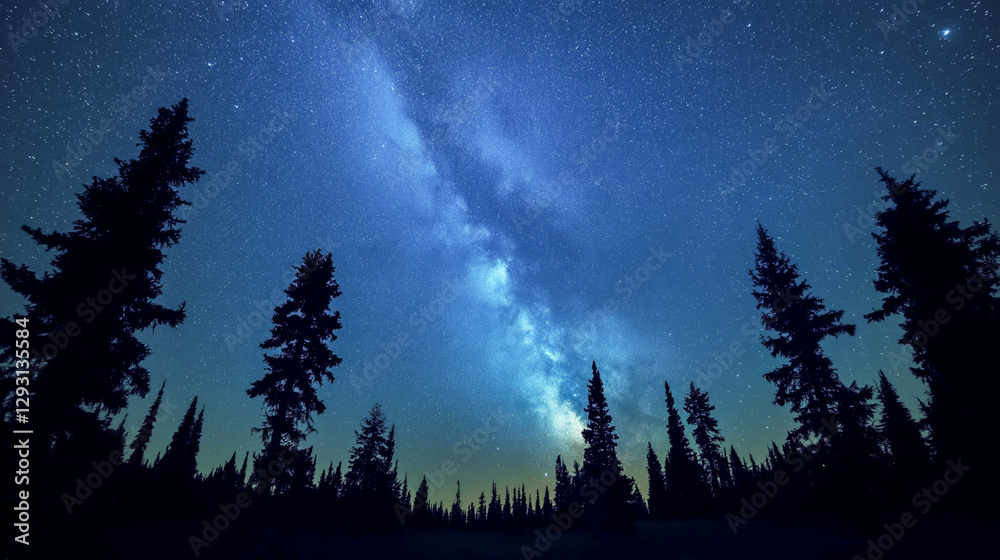 Obraz premium Vast night sky filled with stars and the Milky Way over a forested landscape