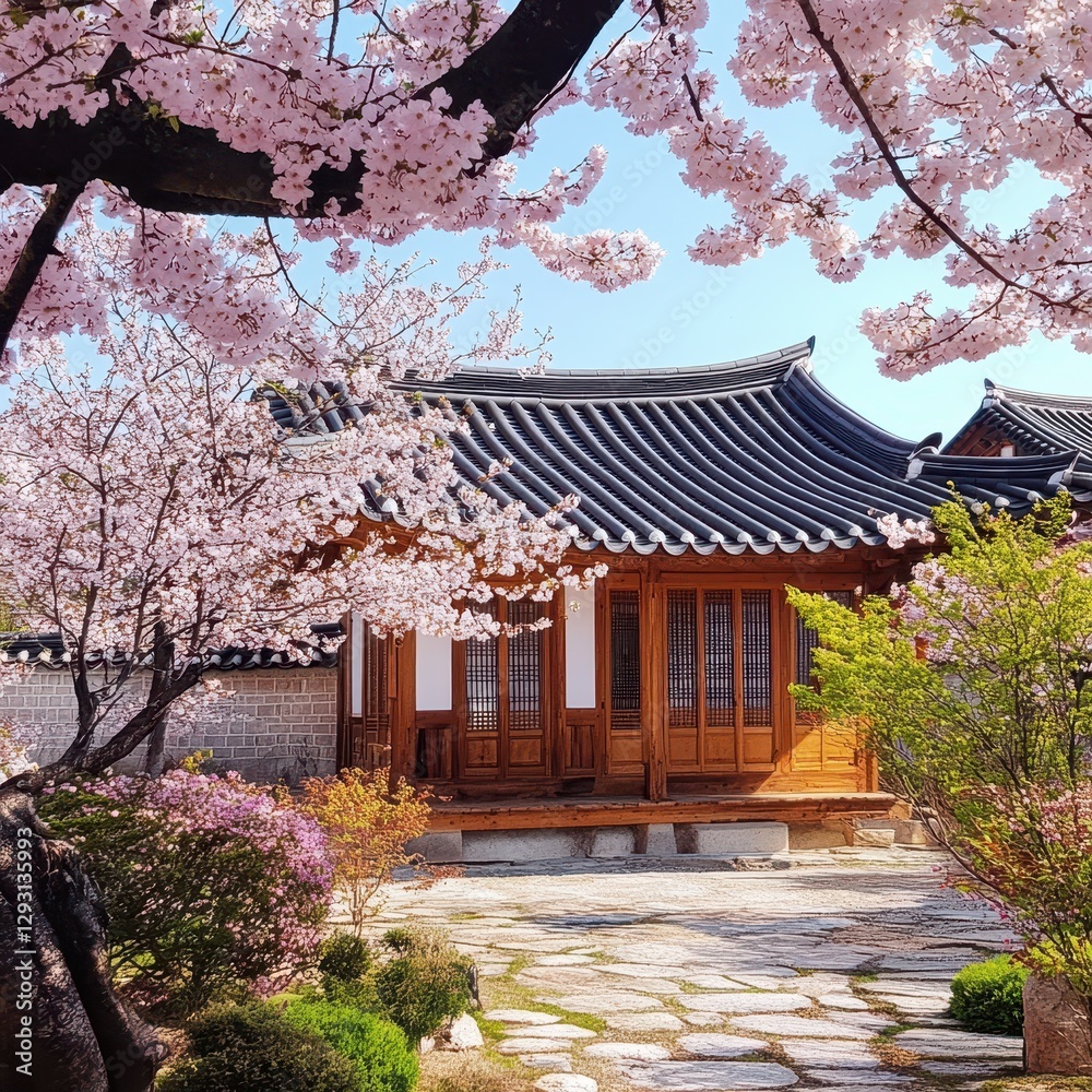 Blossoms surround the wooden structure on a sunny clear day Blossoms surround the wooden structure on a sunny clear day