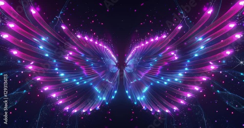 A neon light effect digital art background featuring two symmetrical wings. Abstract background. Digital technology. Abstract digital futuristic. Futuristic background