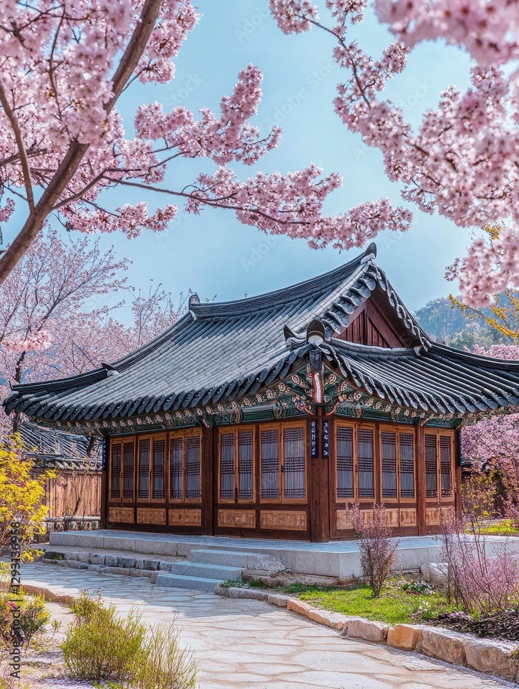 A beautiful Korean temple surrounded by cherry blossoms and clear skies A beautiful Korean temple surrounded by cherry blossoms and clear skies