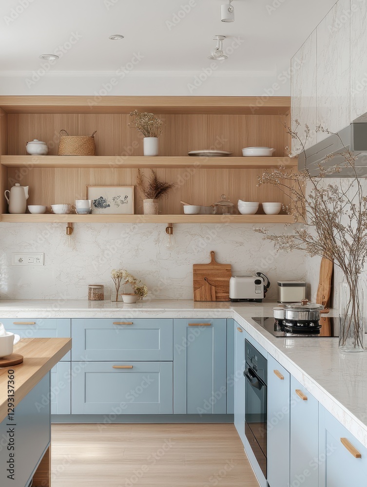 Fototapeta premium A modern kitchen with blue cabinets shelves and decorations