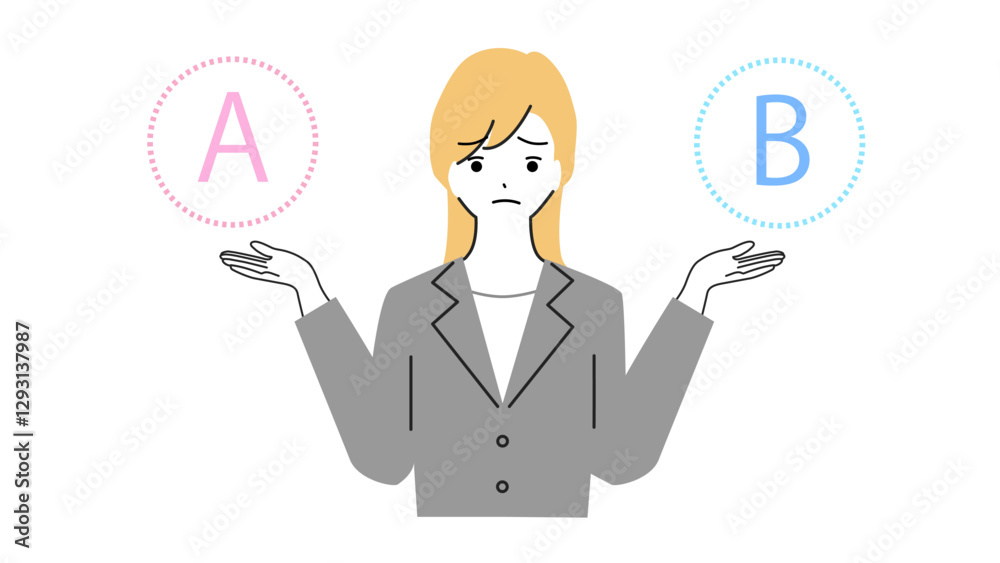 Illustration of a young woman struggling to compare both. Illustration of a young woman struggling to compare both.