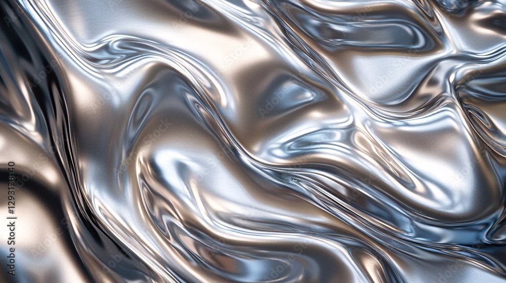 A close-up view of flowing metallic fabric, showcasing smooth, reflective waves and a shimmering surface.