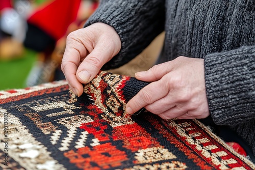 Artisan repairing rug outdoors