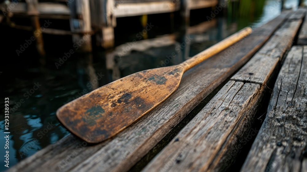 Wooden oar rests on a weathered dock by the water Wooden oar rests on a weathered dock by the water