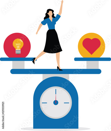 Human decision making concept between logics vs emotions on a seesaw, businesswoman trying to balance feeling and thinking