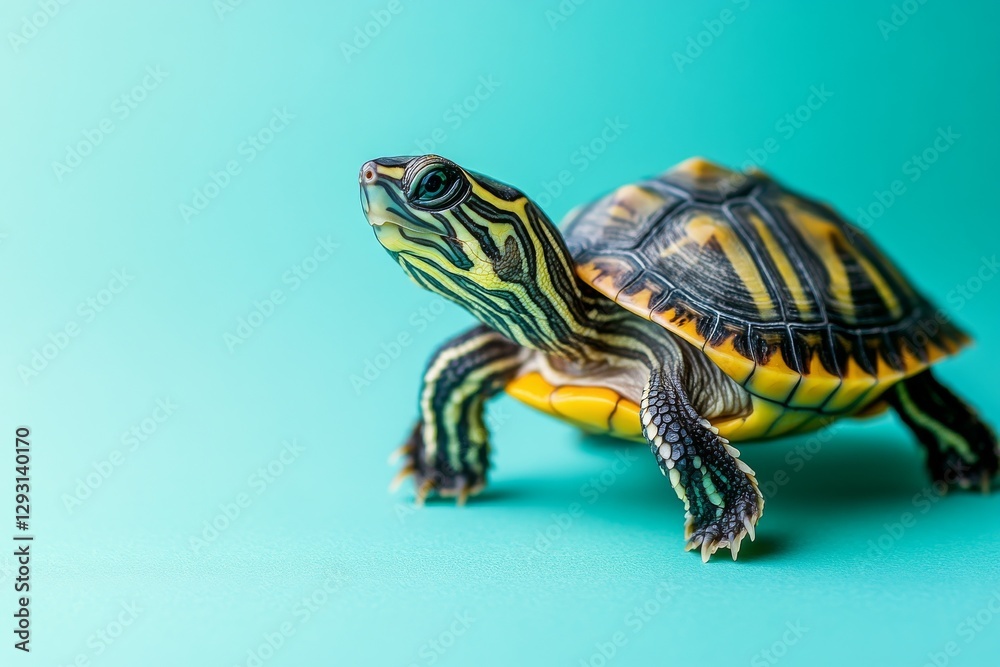 Obraz premium Colorful turtle walking on a turquoise surface in a well-lit environment showcasing its unique patterns and details