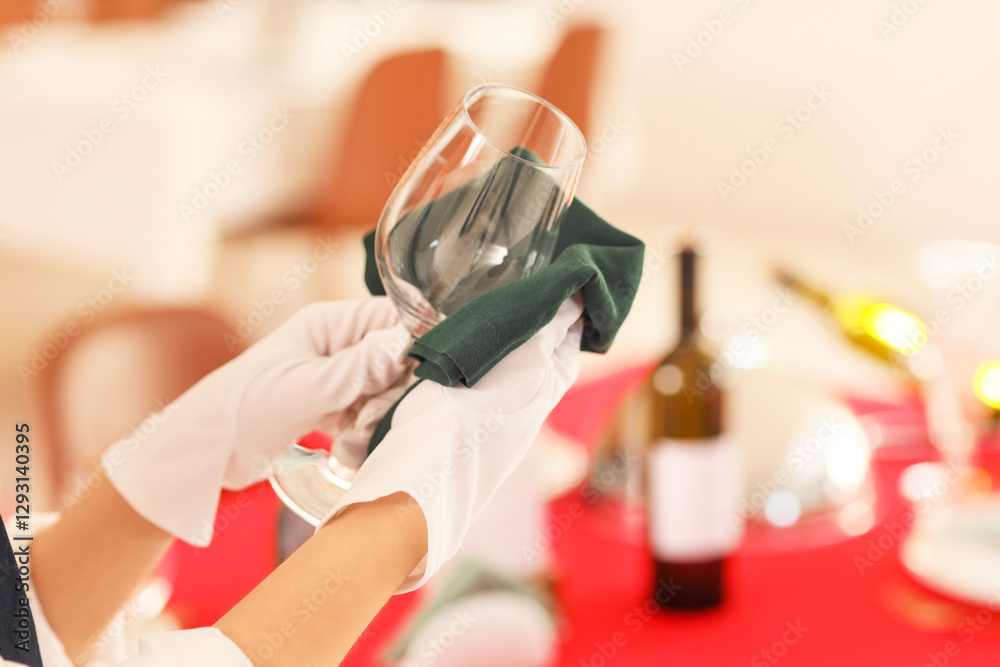 Young waitress cleaning glass in restaurant, closeup Young waitress cleaning glass in restaurant, closeup