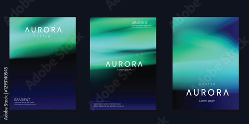 Modern gradient poster aurora design vector set. Minimalist cover template with vibrant northern light collection. Ideal design for background, social media, cover, banner, flyer, ads.