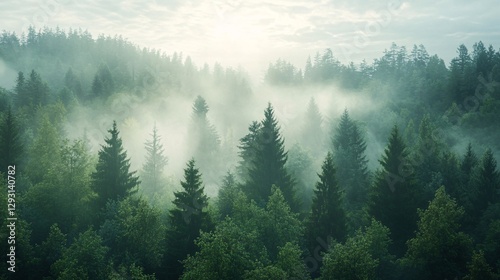 A serene forest landscape shrouded in mist, with towering evergreen trees beneath a soft, cloudy sky.