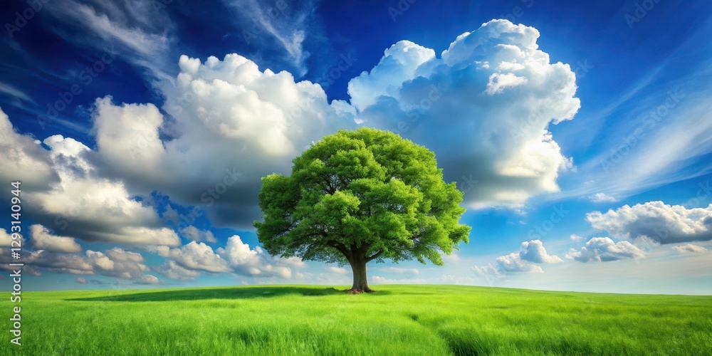 Obraz premium A majestic tree stands alone on a lush green meadow with a bright blue sky and fluffy white clouds in the background, symbolizing nature's beauty and serenity , fluffy clouds, wilderness