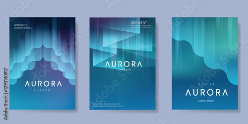 Modern gradient poster aurora design vector set. Minimalist cover template with vibrant northern light collection. Ideal design for background, social media, cover, banner, flyer, ads.