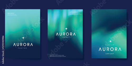 Modern gradient poster aurora design vector set. Minimalist cover template with vibrant northern light collection. Ideal design for background, social media, cover, banner, flyer, ads.
