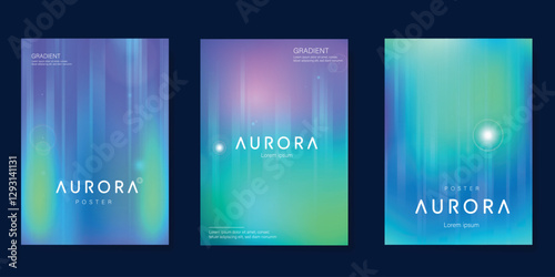 Modern gradient poster aurora design vector set. Minimalist cover template with vibrant northern light collection. Ideal design for background, social media, cover, banner, flyer, ads.