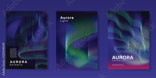 Modern gradient poster aurora design vector set. Minimalist cover template with vibrant northern light collection. Ideal design for background, social media, cover, banner, flyer, ads.