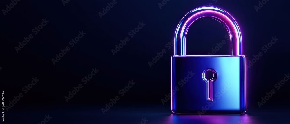 A modern padlock illuminated with vibrant neon colors against a dark background.