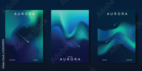 Modern gradient poster aurora design vector set. Minimalist cover template with vibrant northern light collection. Ideal design for background, social media, cover, banner, flyer, ads.