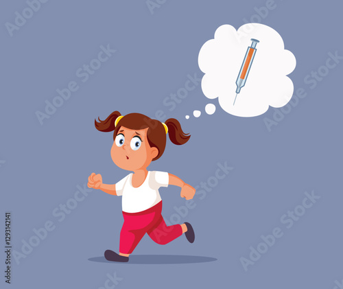 Child Running from Injection Being Fearful Vector Illustration. Stressed toddler child gets far away from the doctor fearing the needle
