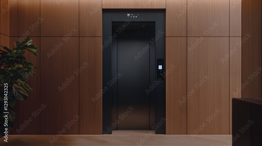 Elegant modern elevator door in a luxury setting with wooden accents and minimalist design