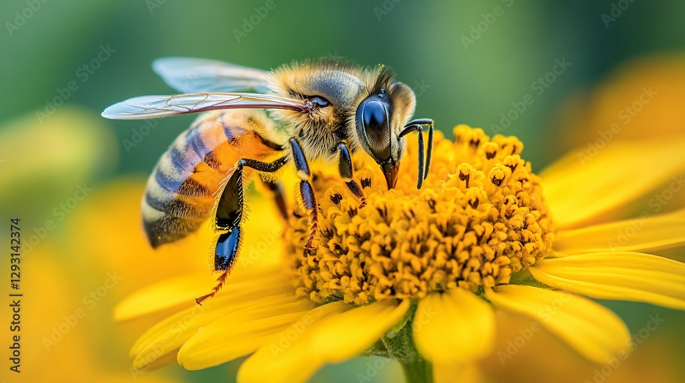 A close-up of a bee pollinating a vibrant yellow flower, showcasing the intricate details of the bee and the bloom. A close-up of a bee pollinating a vibrant yellow flower, showcasing the intricate details of the bee and the bloom.
