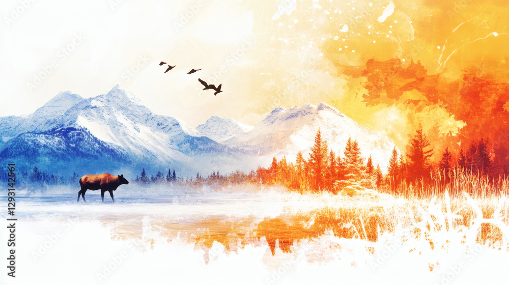 Vibrant landscape with mountains, a cow, trees, and colorful skies Vibrant landscape with mountains, a cow, trees, and colorful skies