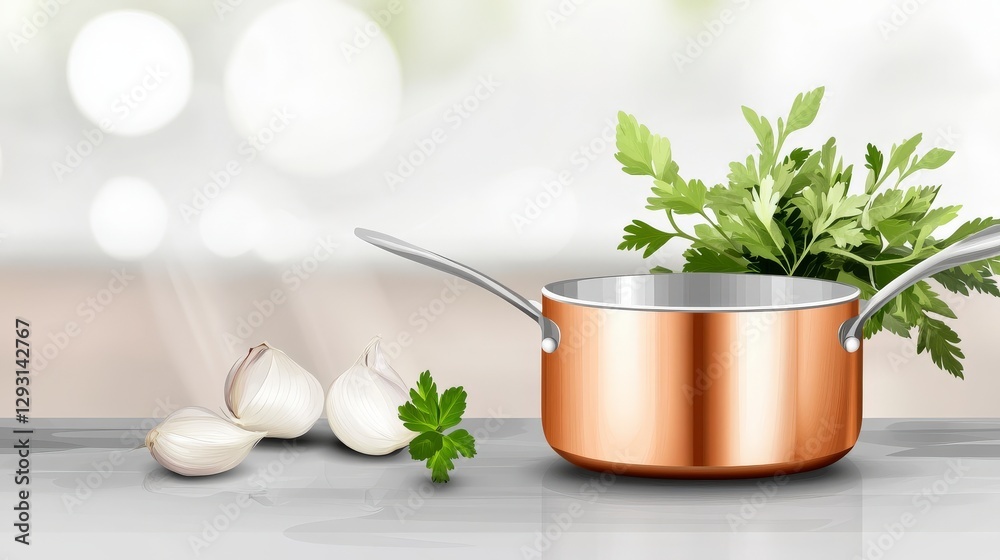 Copper Cooking Pot with Fresh Herbs and Garlic: A Culinary Delight Copper Cooking Pot with Fresh Herbs and Garlic: A Culinary Delight