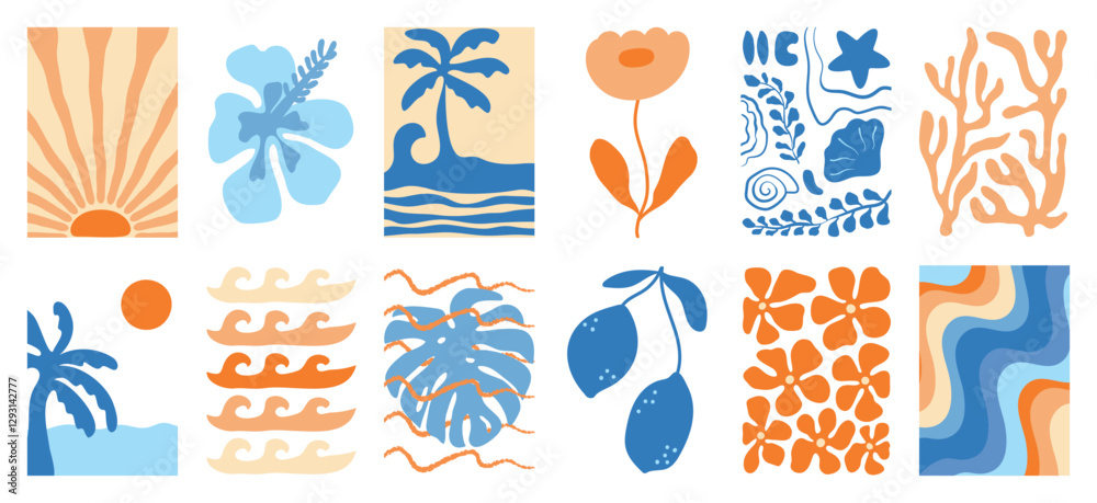 Obraz premium Summer botanical doodle background art vector set. Hibiscus flower, coconut tree, monstera leaf, sea. Abstract shape doodle art design for print, wallpaper, clipart, wall art for home decoration.