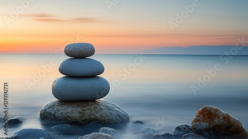 A quiet moment captured with stacked stones against a dreamy seascape.