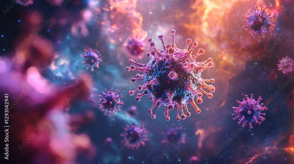 A vibrant, abstract depiction of viruses floating in a cosmic environment, showcasing intricate details and colorful patterns. A vibrant, abstract depiction of viruses floating in a cosmic environment, showcasing intricate details and colorful patterns.