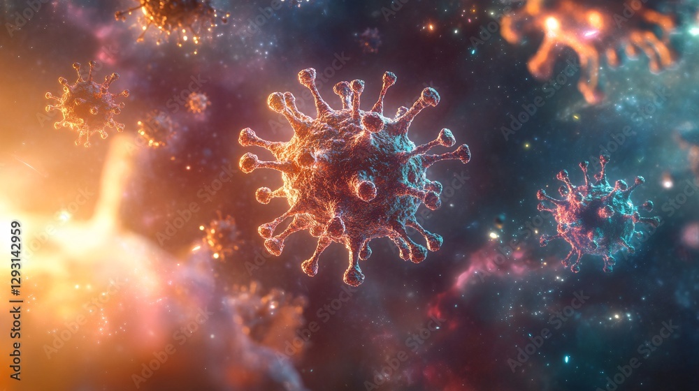 Obraz premium A vibrant, abstract depiction of virus-like structures in a colorful cosmic background, evoking a sense of microscopic exploration.