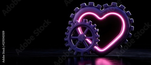 A neon heart intertwined with gears symbolizing love and technology.