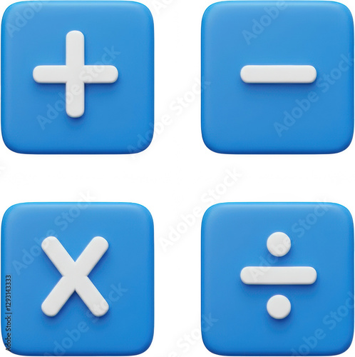 3D Rendered Blue Square Buttons with White Math Symbols Plus Minus Multiply Divide