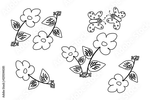 Black and white line art of flowers, leaves, and butterflies, perfect for kids coloring activities and printable fun.
