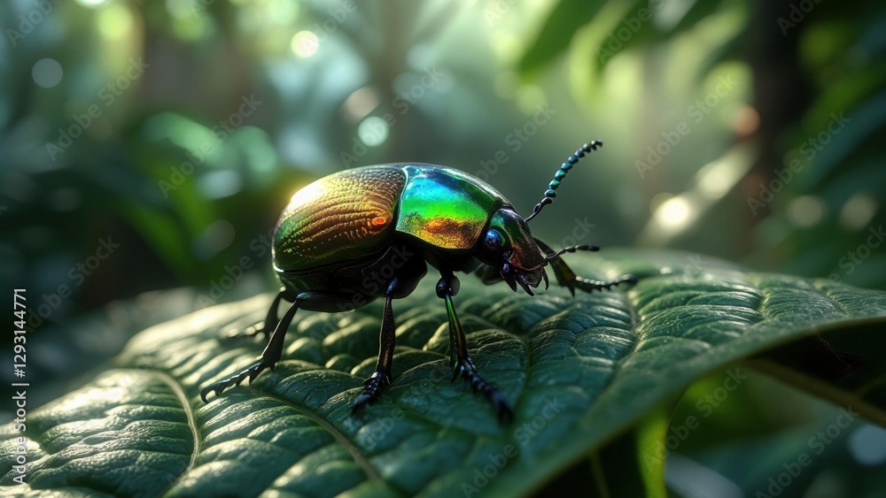 Naklejka premium Colorful beetle resting on a leaf in a vibrant tropical environment during daylight