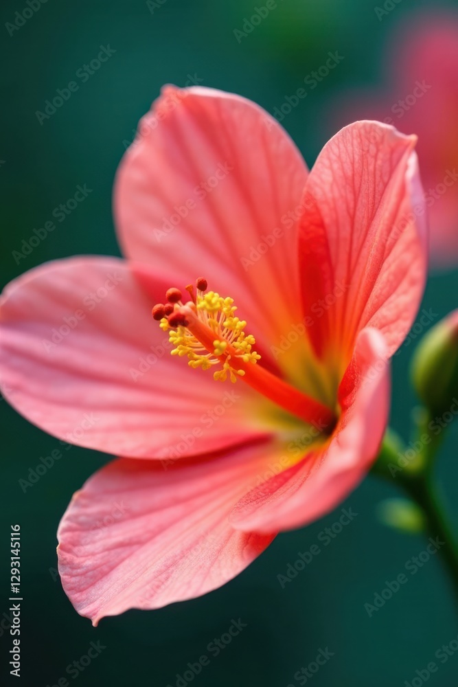 A Close-Up View of a Delicate Coral-Colored Hibiscus Blossom with Vibrant Yellow Stamens and Red Anthers A Close-Up View of a Delicate Coral-Colored Hibiscus Blossom with Vibrant Yellow Stamens and Red Anthers