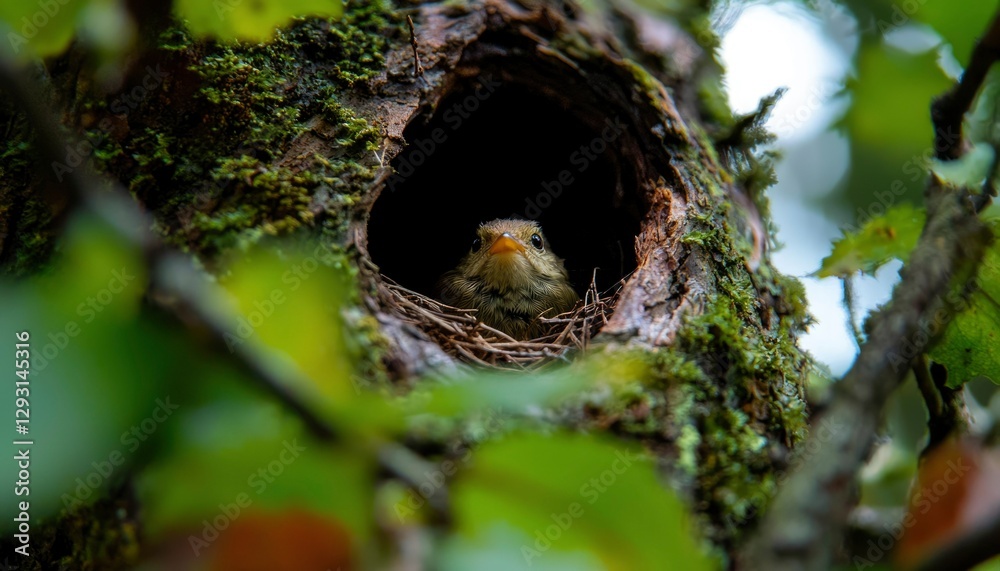 Baby bird peeking from tree hole nest in forest Baby bird peeking from tree hole nest in forest