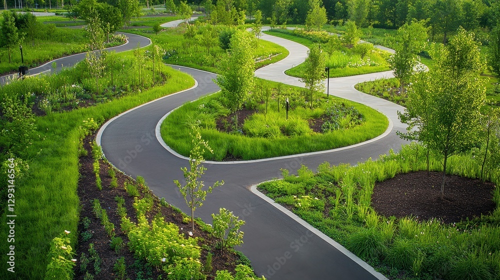 Curving paths wind through lush green landscape. Curving paths wind through lush green landscape.