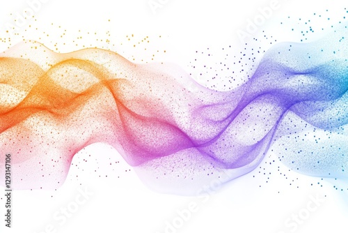Colorful abstract wave design with flowing lines and sparkling dots in vibrant hues on a white background