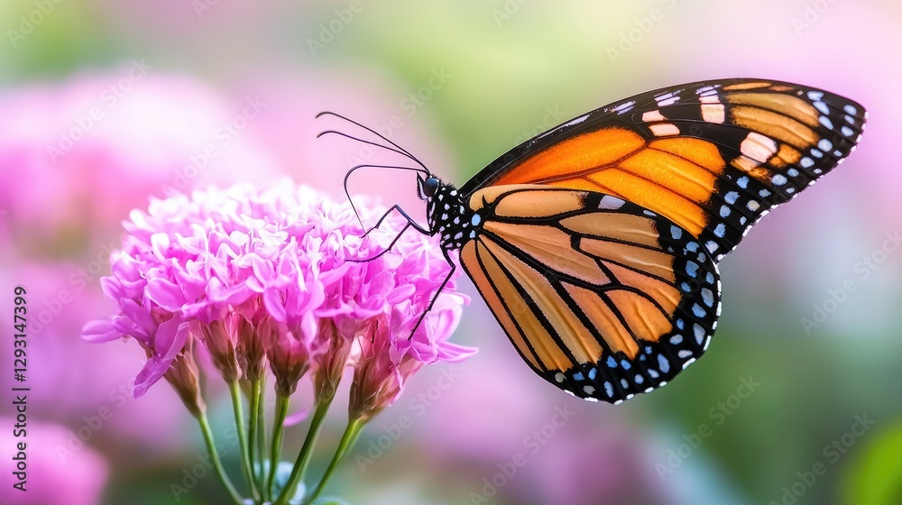 Fototapeta premium Monarch butterfly on pink flower, beautiful garden scene, suitable for nature or wallpaper