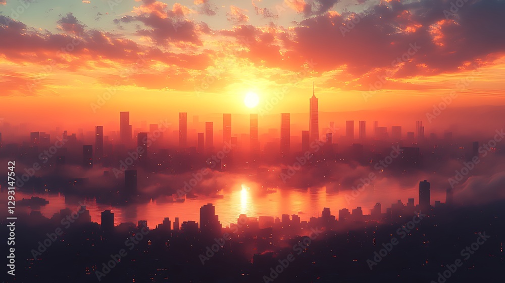 Fototapeta premium Cityscape sunset, hazy sunrise, aerial view, futuristic buildings, urban fantasy art