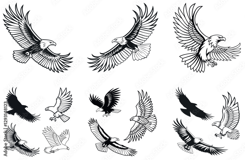 Minimalist Line Art Eagle Silhouette – Powerful Bird of Prey Vector for Logos and Prints. 24 set bundle, Minimalist Line Art Eagle Silhouette – Powerful Bird of Prey Vector for Logos and Prints. 24 set bundle,