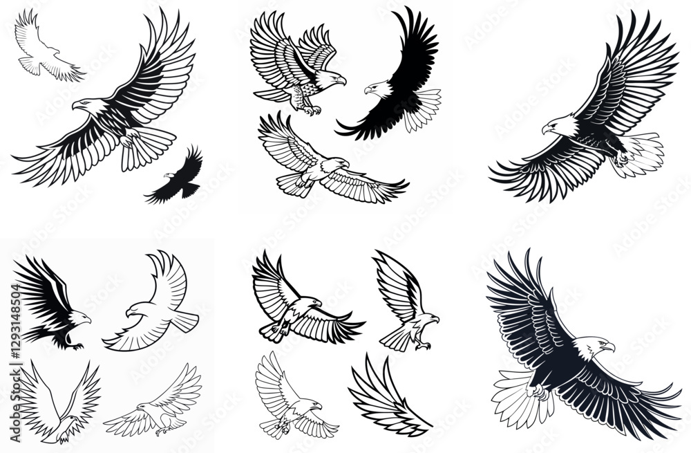 Minimalist Line Art Eagle Silhouette – Powerful Bird of Prey Vector for Logos and Prints. 24 set bundle,